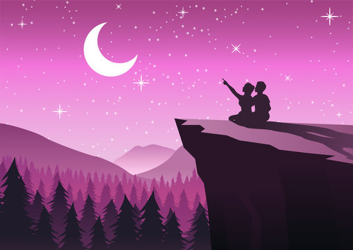 couple pointing to the moon in a night with stars sitting on cliff and close to a pine forest,silhouette style