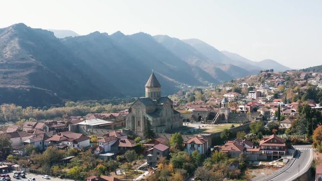 The city of Mtskheta. Svetitskhoveli Cathedral. Georgia in all its glory. Beautiful view of the mountains.  The city of Mtskheta. SJvari Monastery. Georgia in all its glory. 