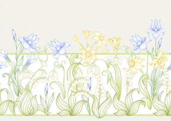 Spring flowers. Narcissus, Iris, lily of the valley, may-lily, Seamless pattern, background. Vector illustration. In art nouveau style, vintage, old, retro style. On soft grey background