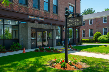 Medway town hall on Village Street at the town center of Medway in Boston Metro West area, Massachusetts, USA.