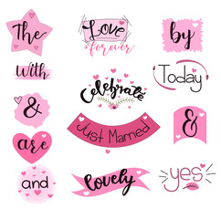 Catchwords Collection Romantic with Handwritten font. Prepositions vector set. Illustration catchwords. I Love You. Engagement invitation card