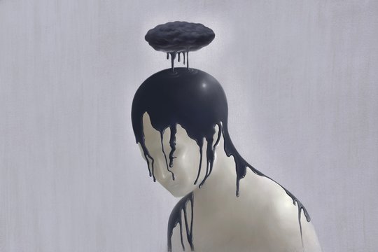 Surreal scene of Sad and depression human concept, alone, lonely, emotion, fantasy painting illustration