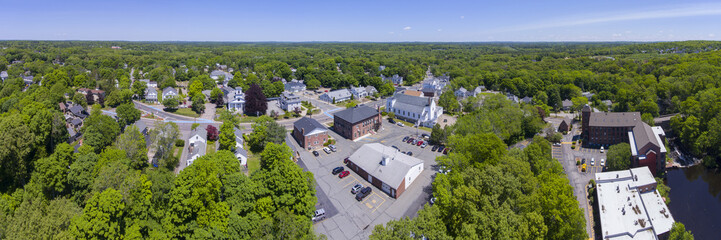 Medway town center aerial view panorama including Sandford Mill on Charles River, town center and Village Street in summer, Medway, Boston Metro West area, Massachusetts, USA.