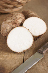 Eddoes a Asian root vegetable closely related to Taro