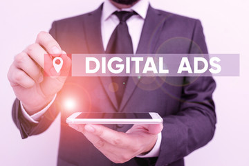 Conceptual hand writing showing Digital Ads. Concept meaning uses the Internet to deliver...