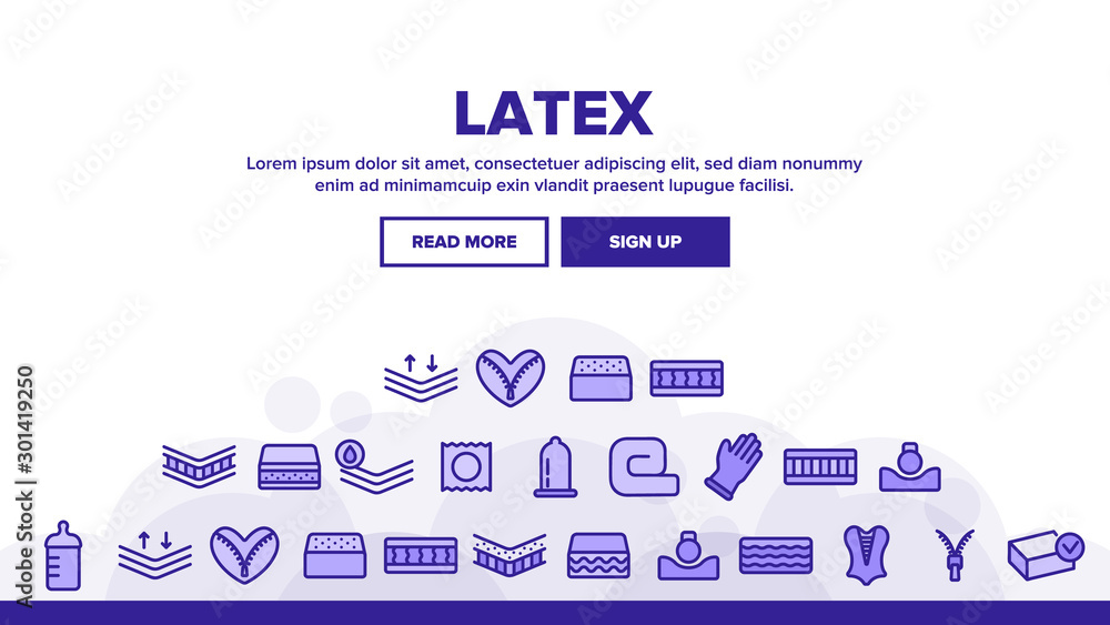 Poster collection latex material items vector icons set thin line. matress and washable cover, breathable a