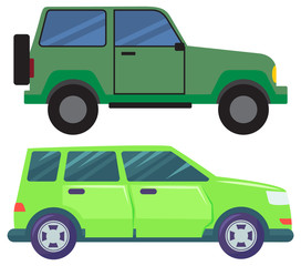 Jeep or pickup vector, isolated set of automobiles with tyre. Driving vehicles of green color, transport in city, transportation in town. Auto illustration in flat style design for web, print