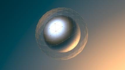 Abstract bright metallic sphere in polygonal glass on light gradient background. 3D render