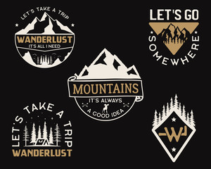 Vintage mountain camp logos, adventure badges set. Hand drawn labels designs. Travel expedition insignias, wanderlust and scouting. Outdoor emblems. Logotypes collection. Stock vector