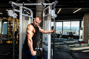 Young muscular sweaty fit man doing triceps workout training in the gym for big arms muscles 