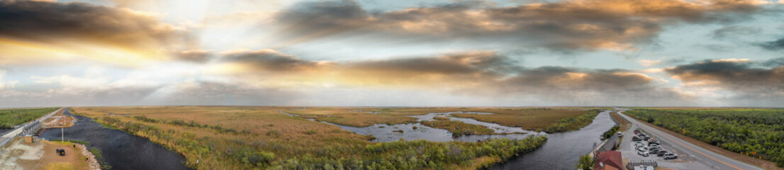 Aerial view of creek and swamps in the Florida Everglades, United States