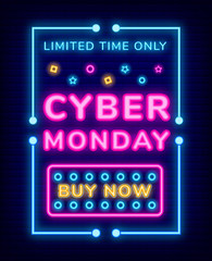 Limited time only cyber Monday neon board with frame. Poster or link by now with colorful lights. Electronic commerce and promotion technology. Special sale ad with glowing lamps on dark vector