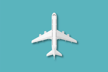 Airplane, jet, aircraft, airline realistic high detailed passenger sky business vehicle in top view. Civil aviation isolated template for tourism and travel concept design.