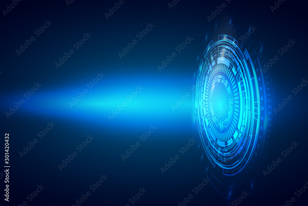 Poster vector tech circle with various technological elements on blue color background.