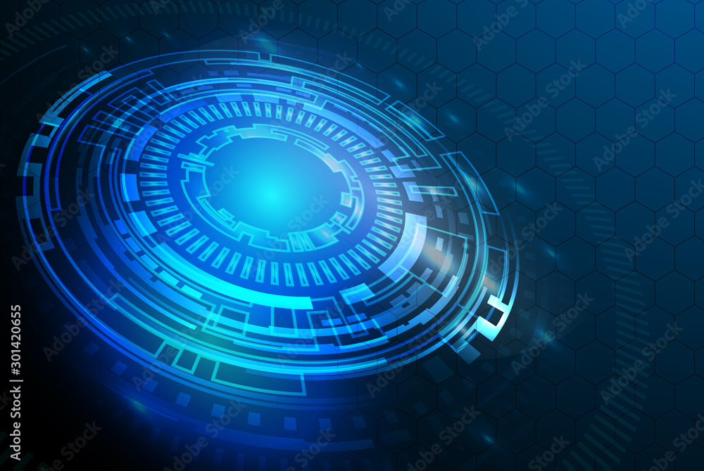 Poster vector tech circle with various technological elements on blue color background.