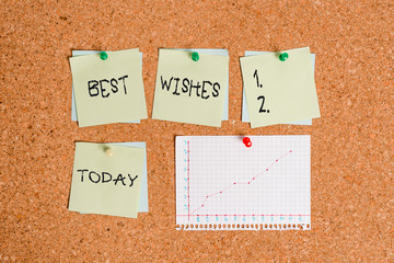 Conceptual hand writing showing Best Wishes. Concept meaning an expression of hope for someone s is future happiness or welfare Corkboard size paper thumbtack sheet billboard notice board