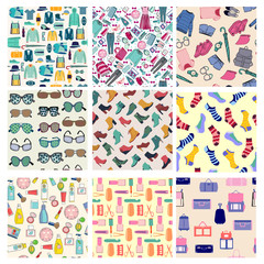 big set of fashion clothes and accessories seamless patterns