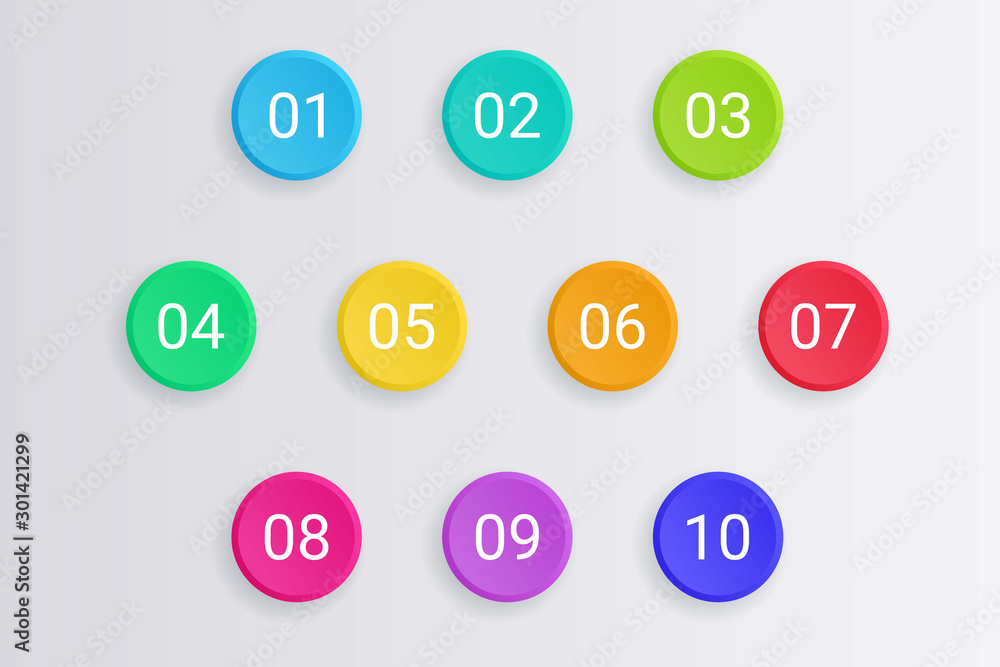 Poster 3d bullet point vector illustration set - isolated bright colorful round pointers with numbers from 