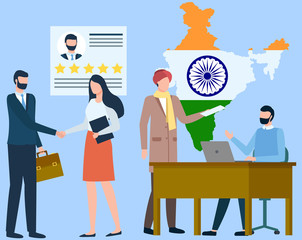 International business and global cooperation with different countries. People working in office. Woman and businessman shaking hands. India on map at background. Vector illustration in flat style