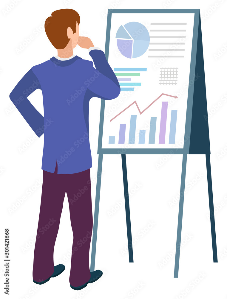 Poster challenge for businessman at work, isolated man confused scratching chin. flat style character with 