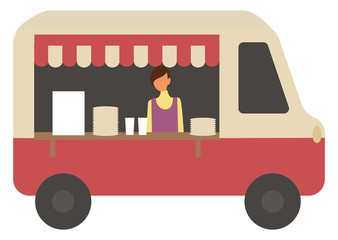 Coffee shop isolated kiosk in truck selling hot beverages. Person making tasty drinks to take out, takeaway cafe with variety of caffeine types. Vector illustration in flat cartoon style