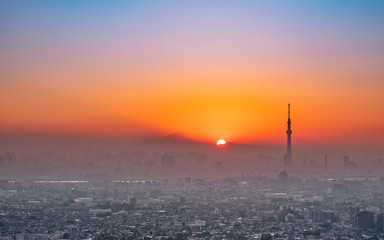 Sunset behind Fuji Mountain with Tokyo City