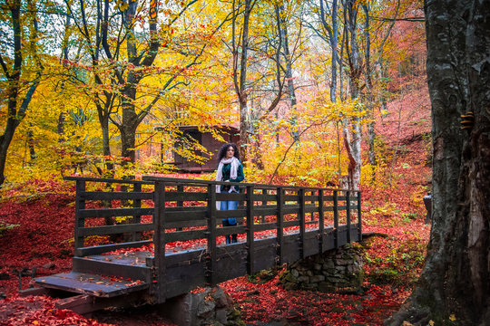 Young woman on a small wooden bridge in a forest at autumn. River and camping place Grza near the Paracin in Serbia.