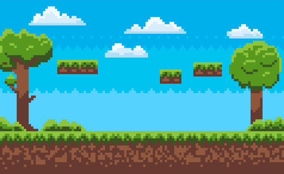 Landscape page of pixel game, green trees and bushes, cloudy sky, underground and grass, road with steps, adventure platform, nobody poster vector. Pixeleted background for video-game or app 8bit game