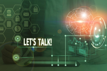 Conceptual hand writing showing Let S Is Talk. Concept meaning suggesting in the beginning of a conversation on the topic Picture photo network scheme with modern smart device