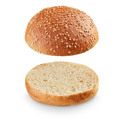 Open burger bun on white background
