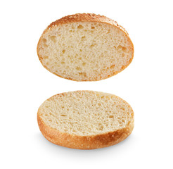 Open burger bun on white background