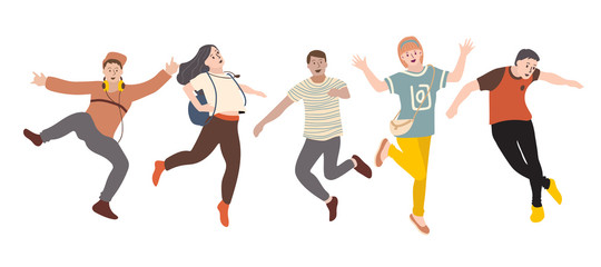 Jumping people isolated on white background. Happiness, freedom, motion and people concept. Flat simple set of people