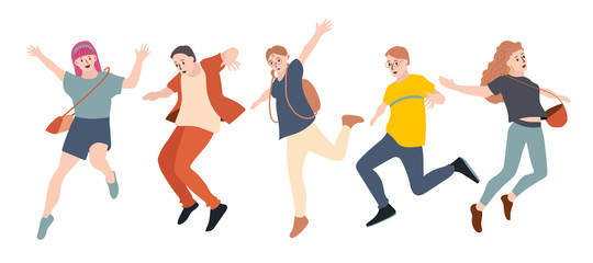 Jumping people isolated on white background. Happiness, freedom, motion and people concept. Flat simple set of people