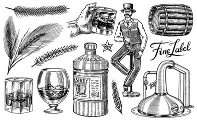Whiskey set. Glass bottle, wooden barrel, scotch and bourbon, wheat and rye, Victorian man, cheers toast. Vintage American symbols. Strong Alcohol drink. Hand drawn engraved sketch for poster, badge.  - obrazy, fototapety, plakaty