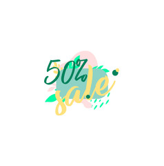 Fototapeta na wymiar Flat design logo vector - sale up to 50% with stylish design with leaf print isolated. World Sales Day - Shopping Day. Black Friday