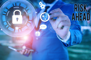 Word writing text Risk Ahead. Business photo showcasing A probability or threat of damage, injury,...