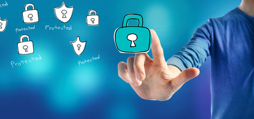 Cyber security theme with a man on a blue background