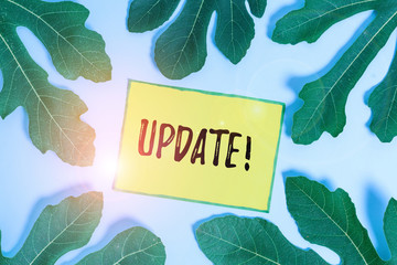 Handwriting text UPDATE. Conceptual photo make something more modern or up to date like software program Leaves surrounding notepaper above an empty soft pastel table as background