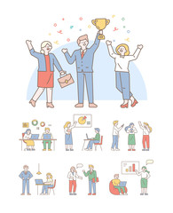 Teamwork line art vector set. Office workplace, meeting. People working together in the office. Flat vector illustration.