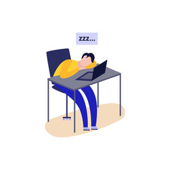 Cartoon tired man sleeping at desk by open laptop - isolated flat vector illustration