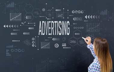 Advertising with young woman writing on a blackboard