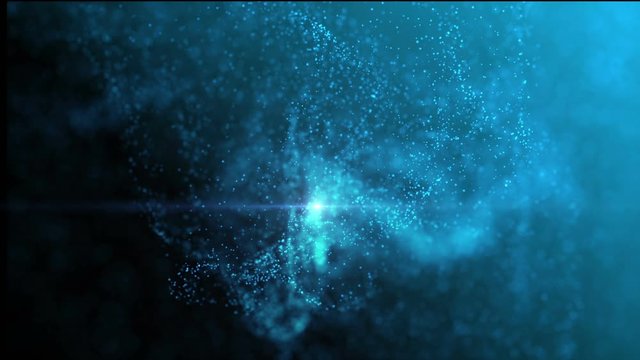 Blue illuminated particles in organic motion. Depth of field settings. 3D rendering. #408.