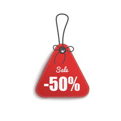 Realistic red price tag with black rope and 50% sale text