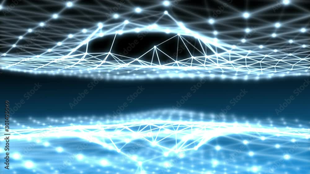 Poster Plexus lines and dots blue double field revolving and being intersected by a sphere. Fantasy science and technology composition. Depth of field settings. 3D rendering