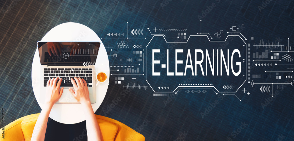 Poster e-learning concept with person using a laptop on a white table