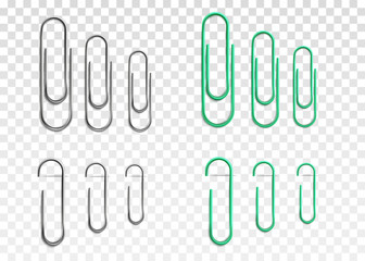 Realistic paperclip set in silver metal and green colors in different sizes