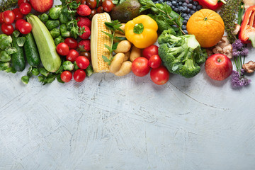 Assortment of fresh fruits and vegetables. Top view with copy space