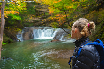 landscapes of japan, tourist places, garden, park, waterfall, girl