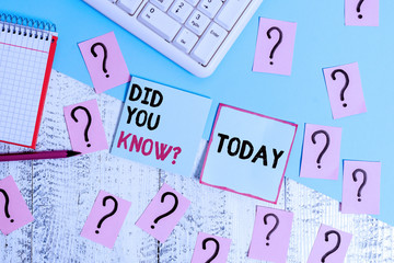 Conceptual hand writing showing Did You Know Question. Concept meaning Fun Facts and Figures Information General Knowledge Writing tools and scribbled paper on top of the wooden table