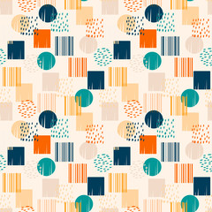 Abstract geometric seamless pattern with circles and squares. Colorful abstract geometric design. Scandinavian style texture with geometric shapes, vector